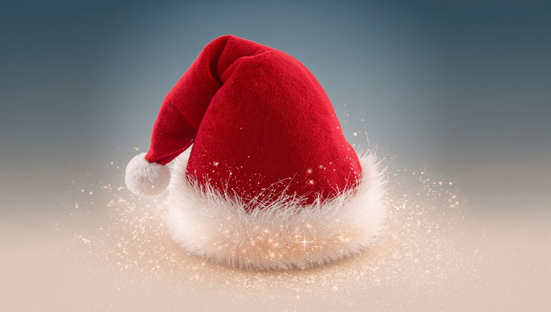Red Santa Hat Resting on Table with Sparkling Golden Glitter and Fluffy White Fur Trim