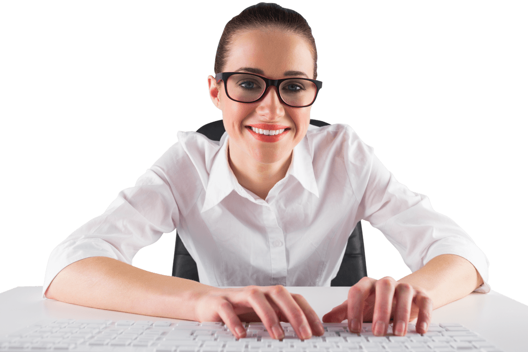 Transparent Businesswoman Smiling While Typing at Keyboard