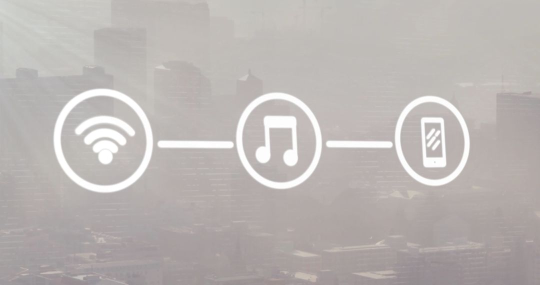 Digital Connection Icons Over Urban Cityscape Background