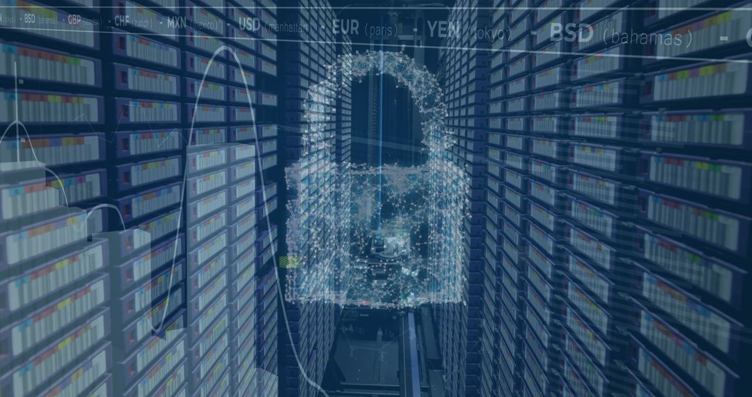 Cybersecurity Padlock Overlay on Server Room Visualizing Protection