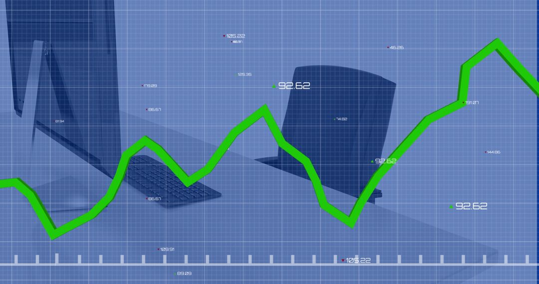 Green Line Graph Showing Growth with Office Desk Background
