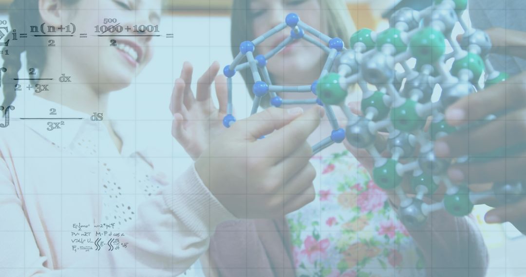 Children Engaging with Molecular Models amid Mathematical Equations Overlaid