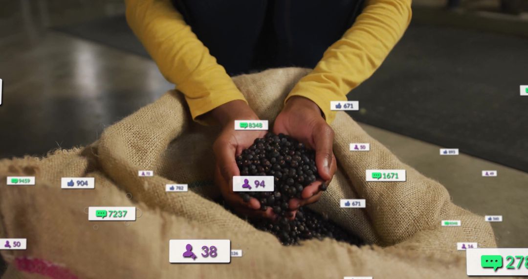 Worker Holding Coffee Beans with Floating Social Media Icons