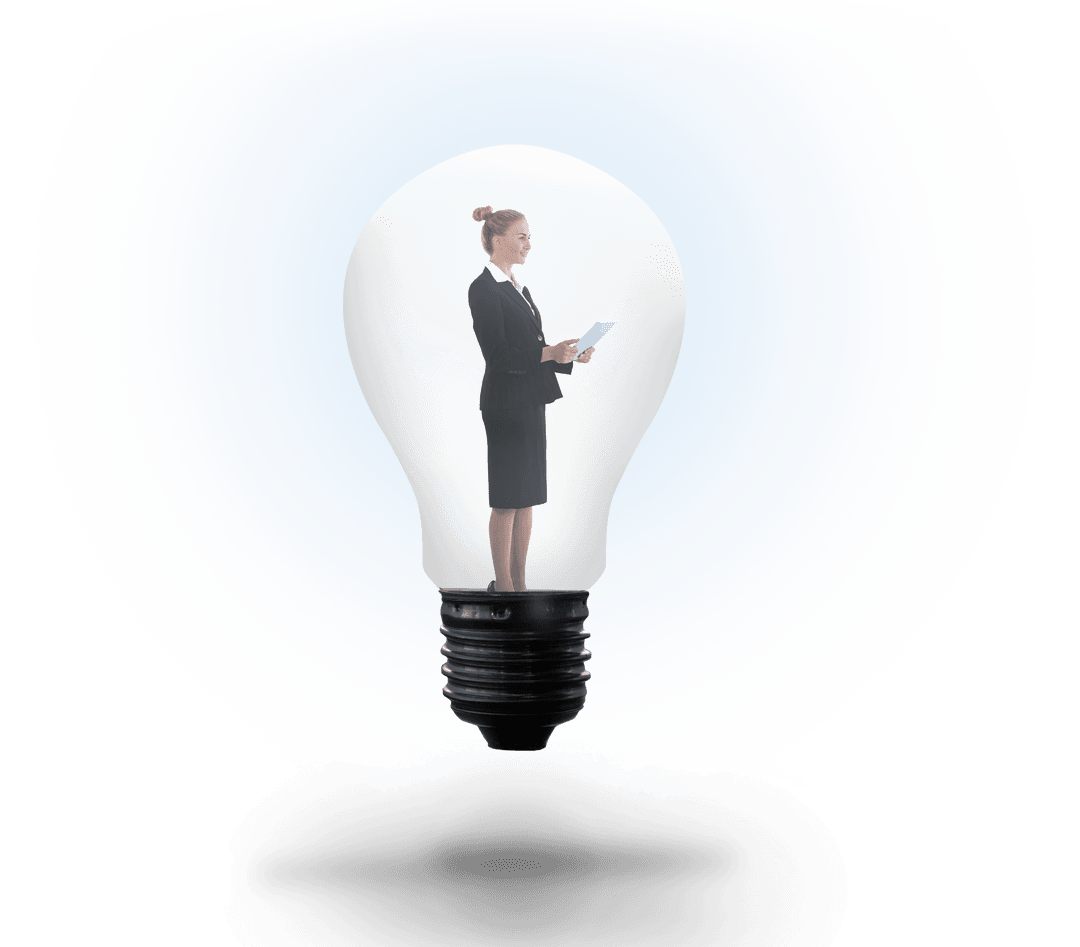 Transparent Light Bulb Enclosing Businesswoman with Tablet