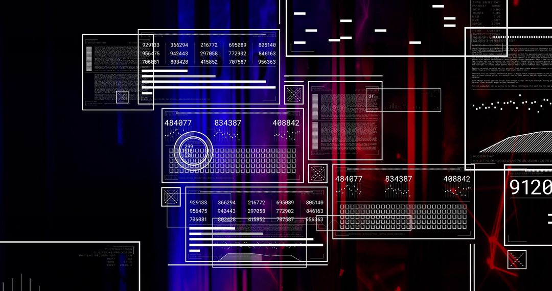 Futuristic Digital Interface with Code and Data Panels in Neon Colors