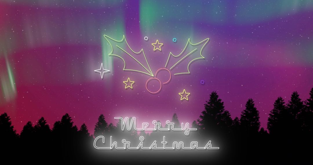 Neon Merry Christmas Over Aurora with Pine Silhouette