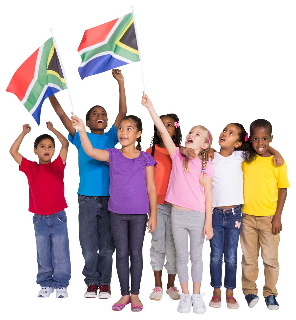 Diverse Group of Cheerful Children Holding South African Flags on Transparent Background - Download Free Stock Images Pikwizard.com