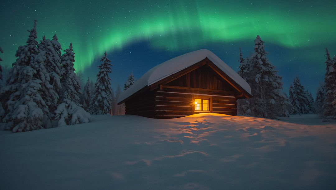 Aurora Borealis Arching Over Snow-Covered Log Cabin with Warm Window Glow