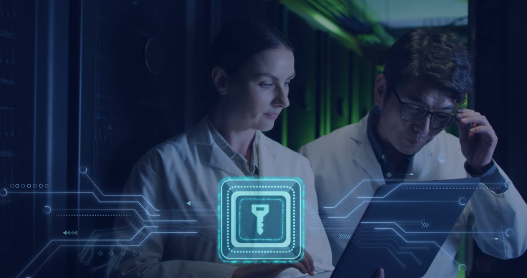 Tech Professionals Analyzing Network Security in Server Room