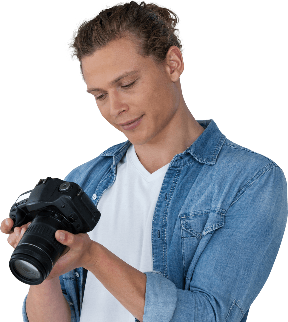 Transparent Happy Photographer Inspecting Camera During Photography Session