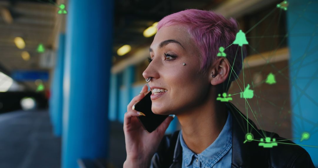 Young Woman with Pink Hair Using Smartphone in Futuristic Environment - Free Images, Stock Photos and Pictures on Pikwizard.com