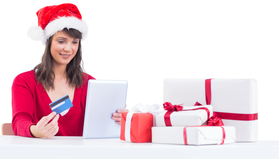 Transparent Festive Woman Shopping Online with Tablet and Card Against White Background - Download Free Stock Images Pikwizard.com