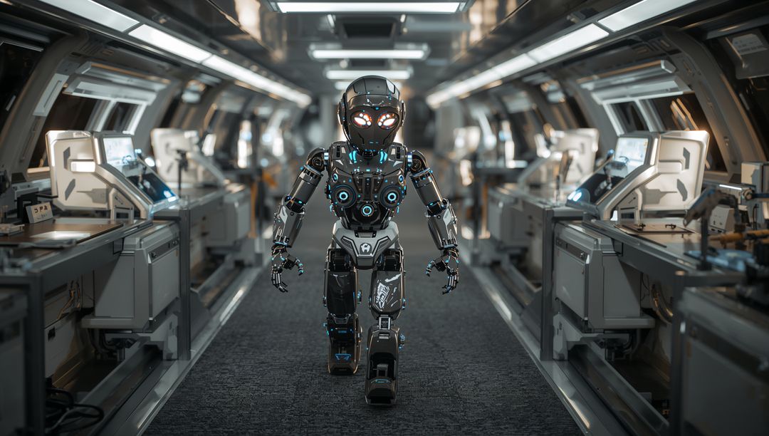 Robotic Innovation in Futuristic Scientific Corridor