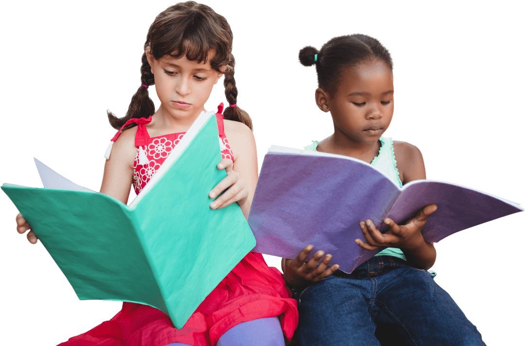Transparent Background of Diverse Girls Reading Enthusiastically