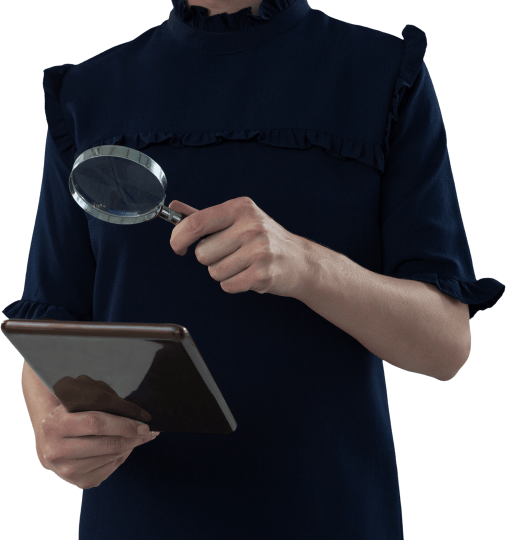 Businesswoman Analyzing with Magnifying Glass on Transparent Background
