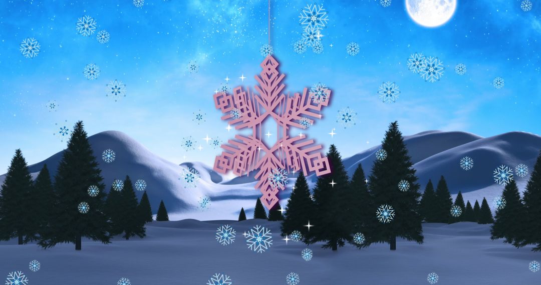 Digital Winter Scene with Falling Snowflakes and Full Moon