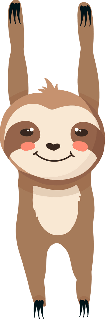Cartoon Sloth with Raised Arms on Transparent Background