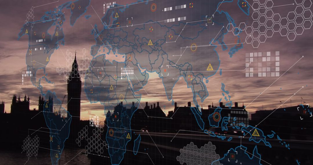 Digital World Map Overlaying London Cityscape at Dusk