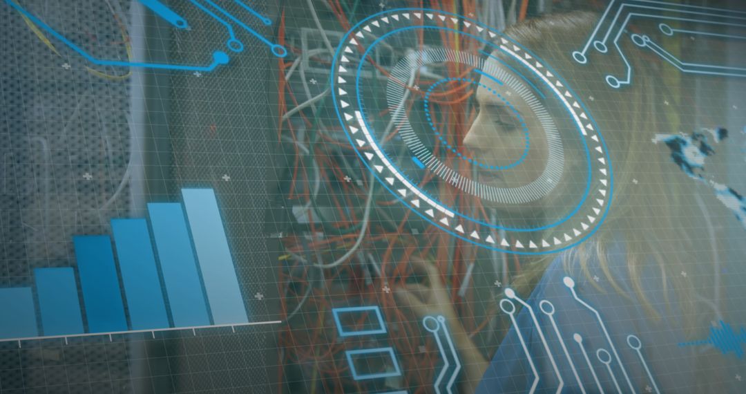 Engineer working on network with futuristic graphic interface