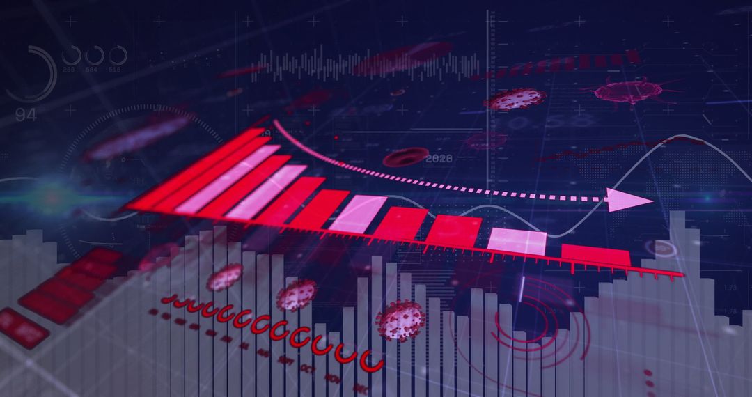 3D Red Bar Chart with Viral Icons on Digital Dashboard