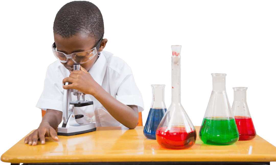 African American Boy Using Microscope with Beakers Transparent Background