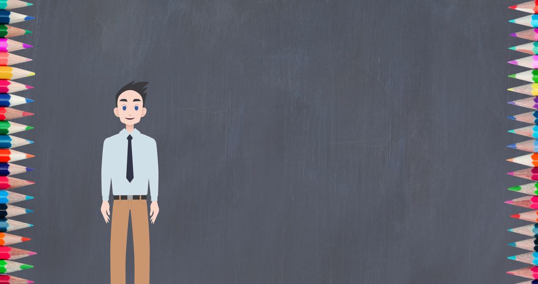 Cartoon Businessman with Crayon Borders on Blackboard