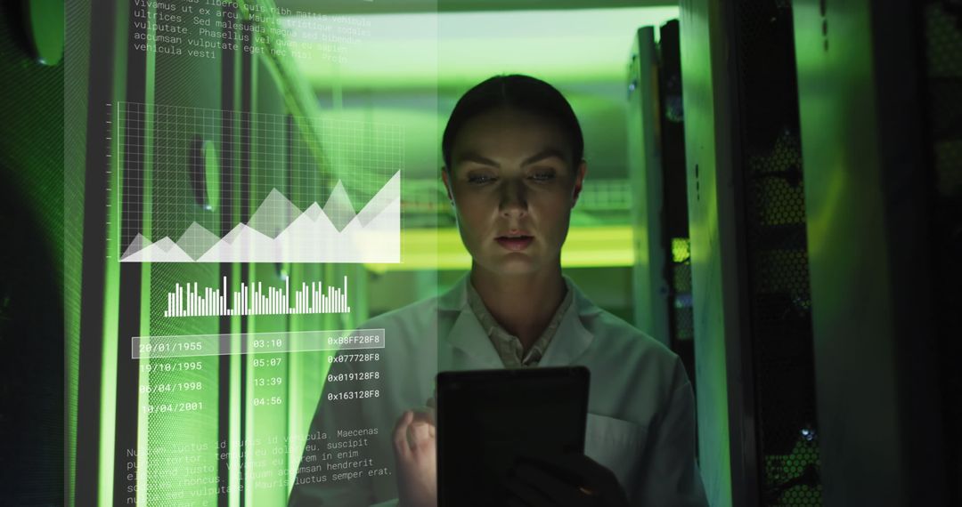 Woman Analyzing Data in Technology Server Room Environment