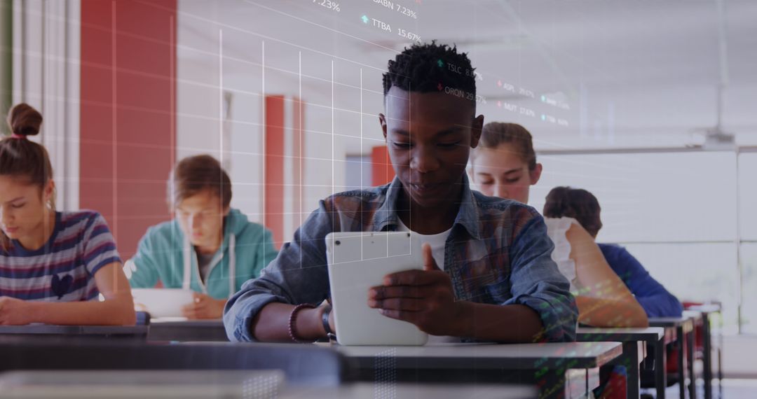 Students Using Digital Tablets with Stock Market Overlay