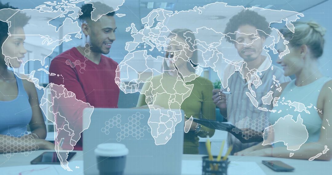 Multinational Team Collaborating with Digital World Map Overlay