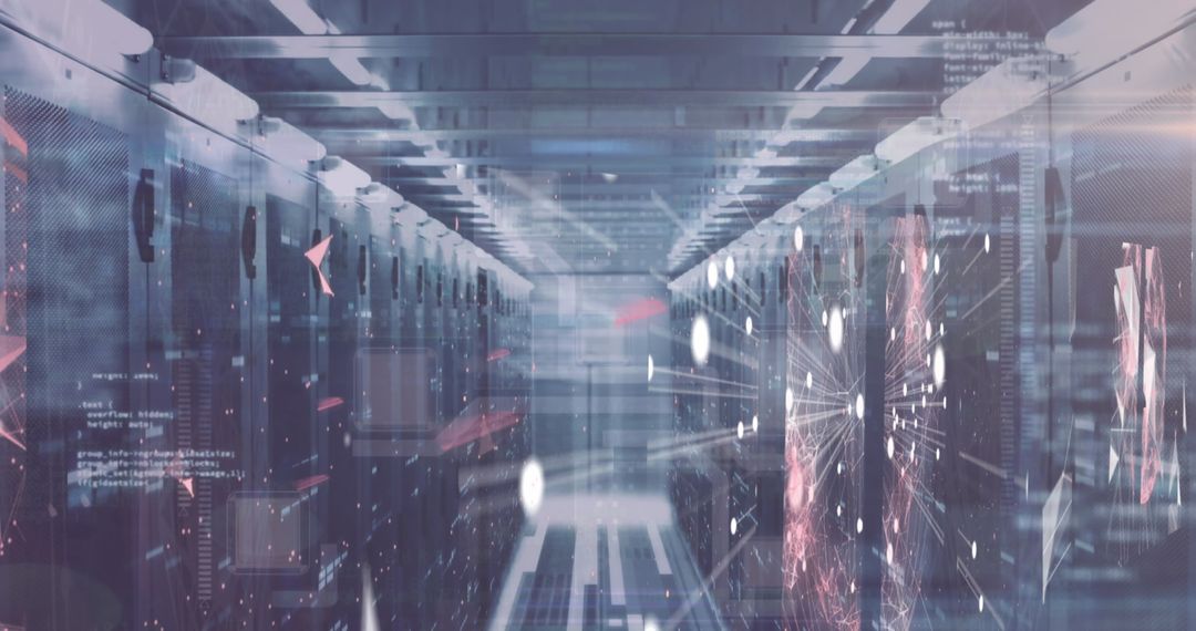 futuristic data center with digital overlay in modern networking hub
