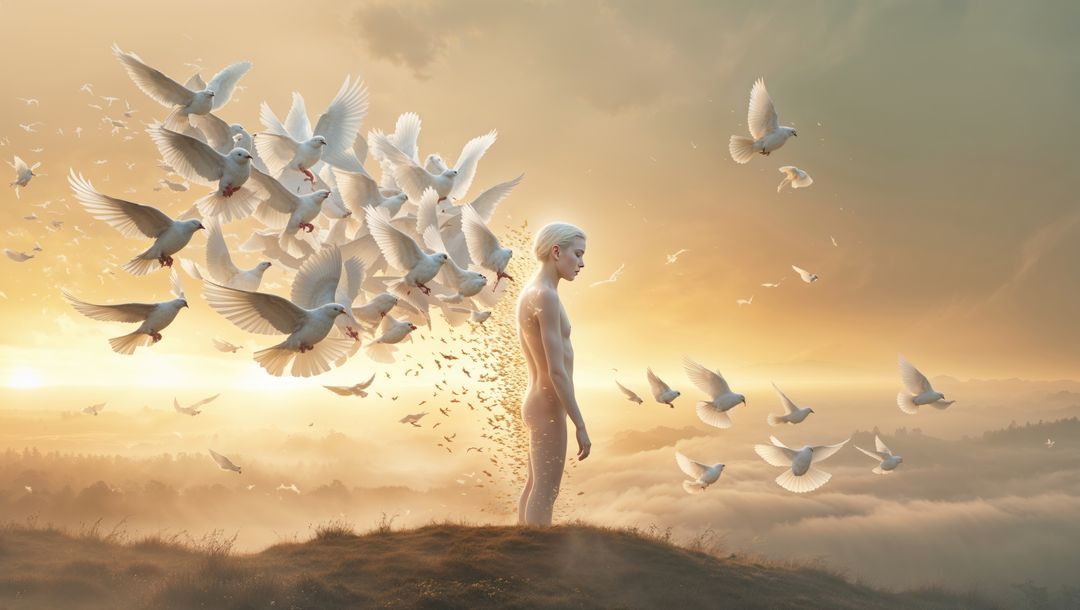 Ethereal transcendence: figure and doves at sunrise, forgiveness concept