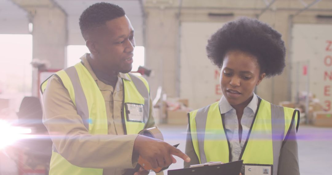 African American Workers Collaborating in Warehouse Setting