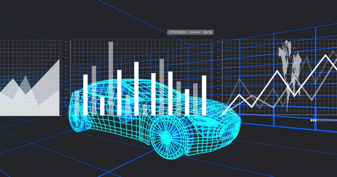 Futuristic Wireframe Car with Digital Analytics Display
