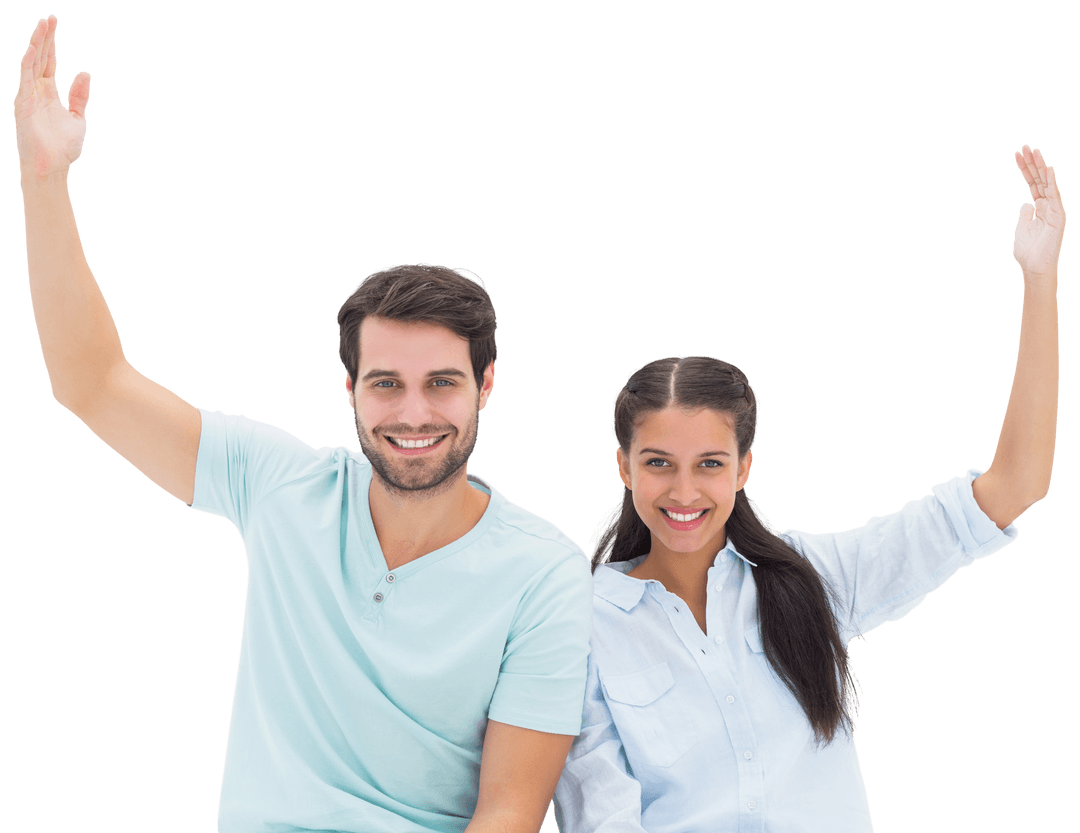 Smiling Couple Enthusiastically Raising Hands On Transparent Background