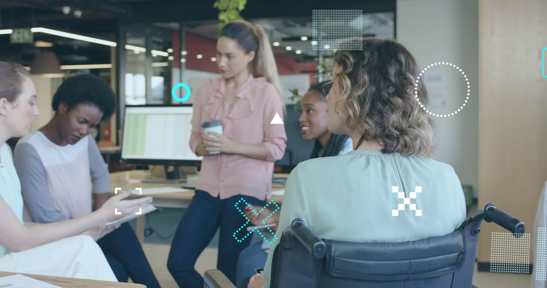 Diverse Business Team Collaborating in Modern Office with Digital Graphics