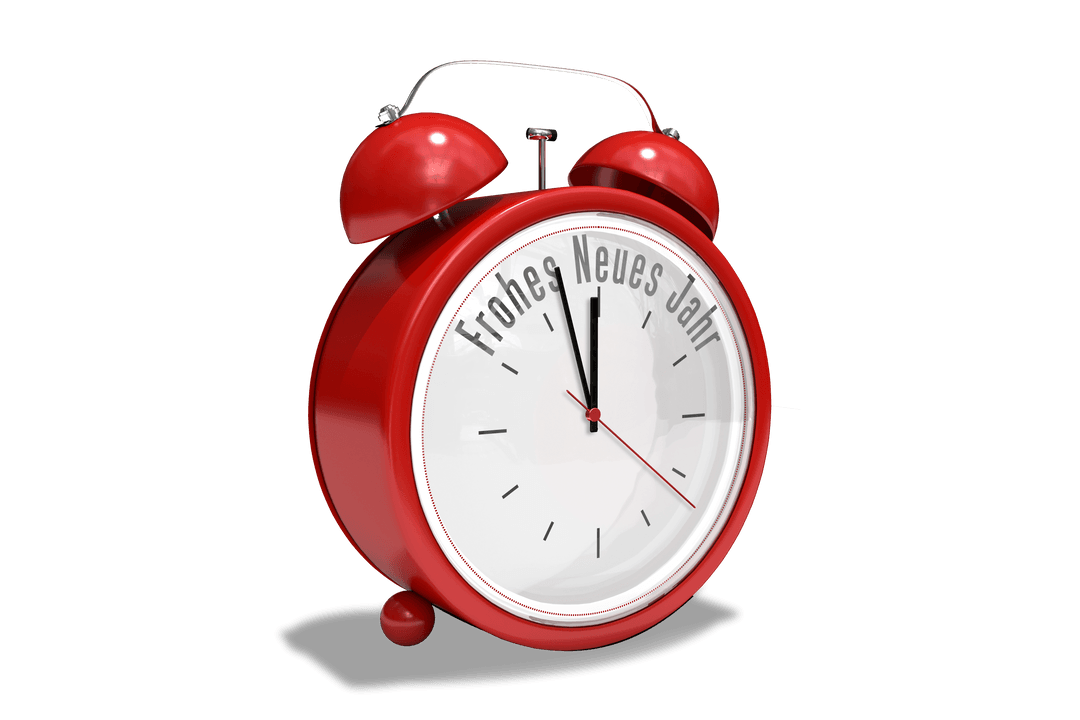 Transparent Red Alarm Clock with German 'Happy New Year' Text