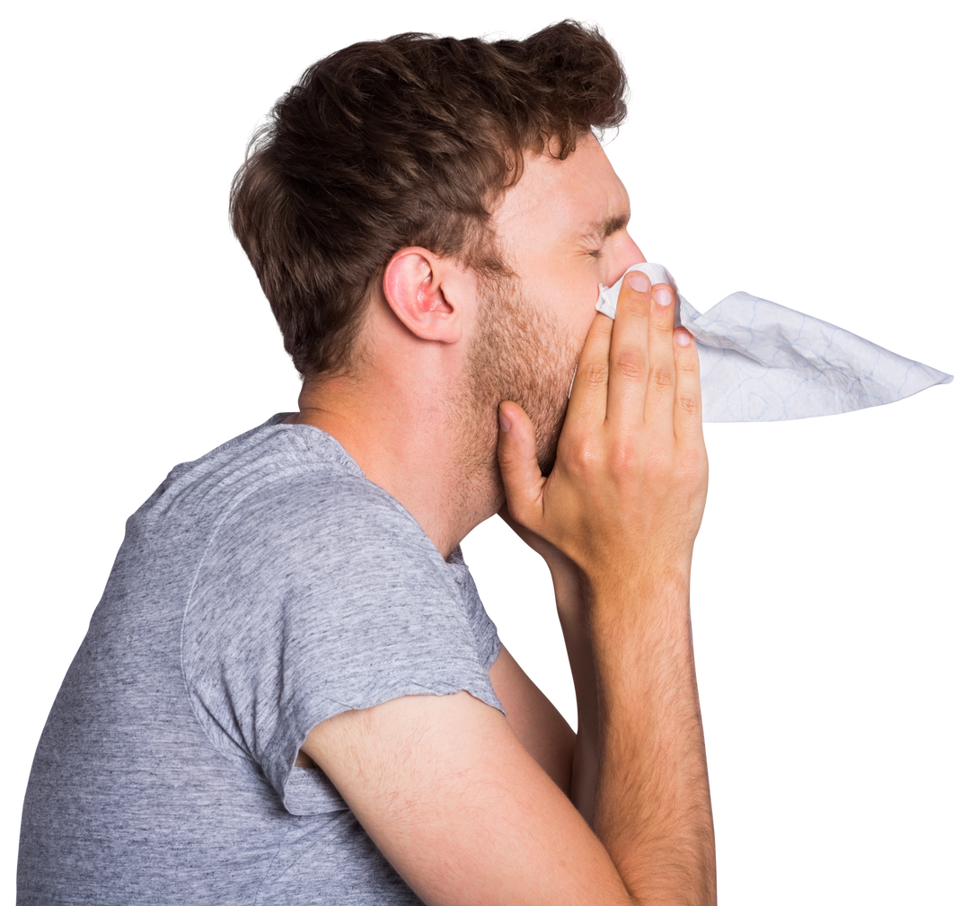 Man blowing nose with tissue wearing gray shirt against transparent background - Download Free Stock Images Pikwizard.com