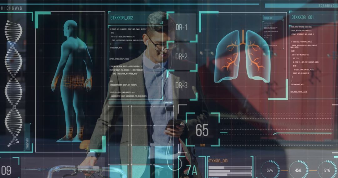 Futuristic Medical Data Interface Overlaid on Businessman Using Smartphone