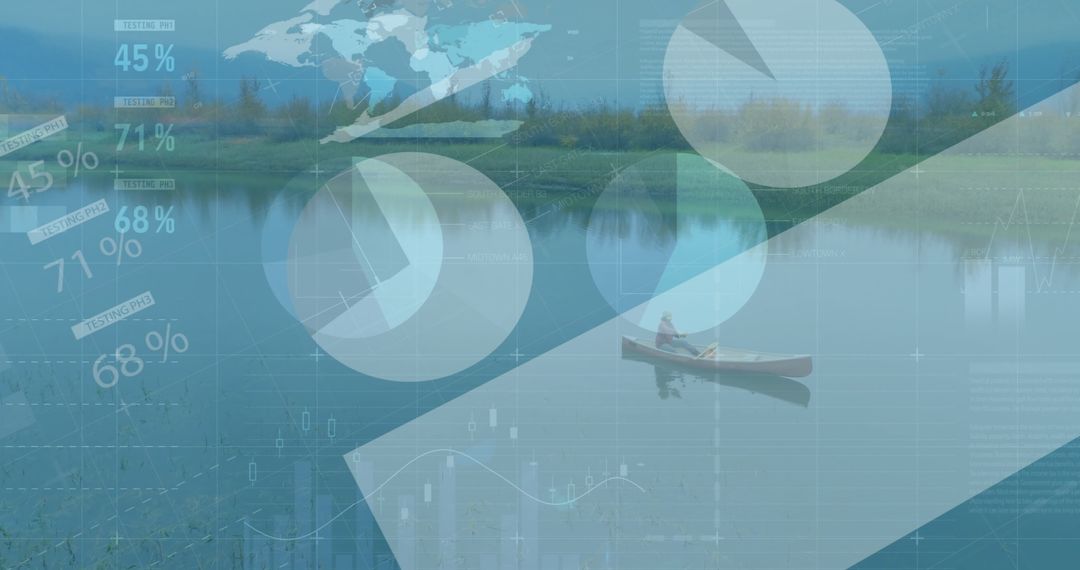 Man Canoeing on Lake with Digital Data Overlay