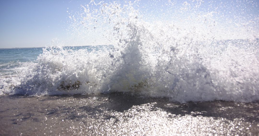 Dynamic Ocean Wave Crashing on Sunny Beach in Slow Motion