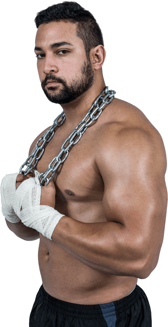 Muscular Man Gym Warrior with Training Chains on Transparent Background