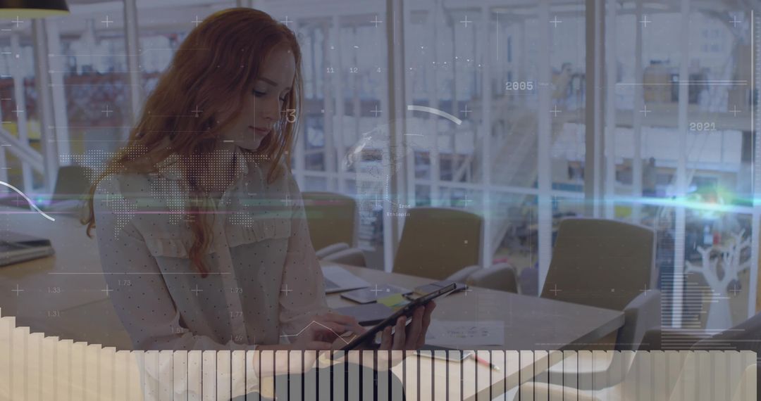 Professional Woman Analyzing Data on Tablet in Modern Office