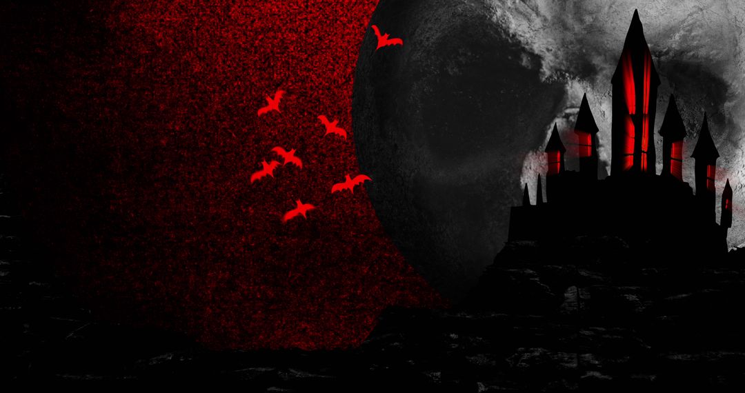 Haunted Castle with Bat Silhouettes against Blood Red Moon