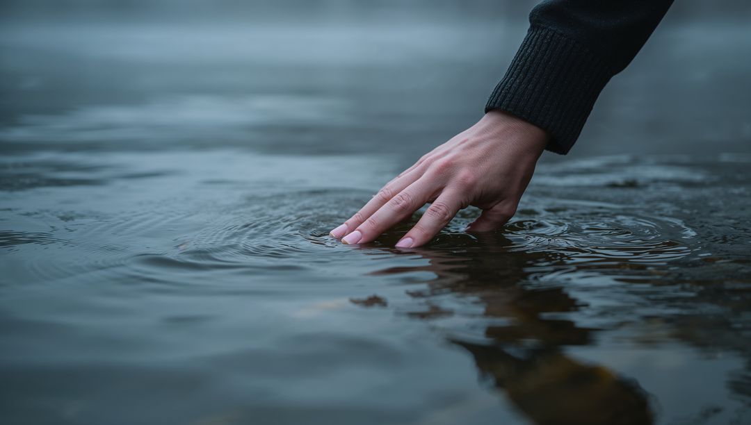 Hand touching water surface creating ripples at lake edge with moody reflection