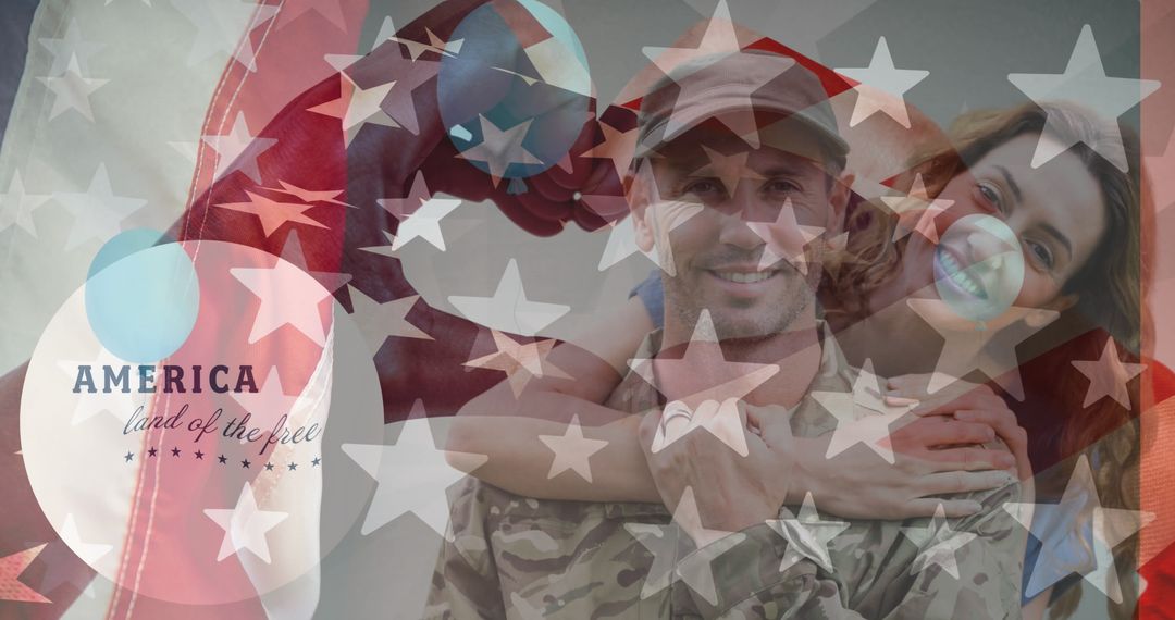 Happy Couple Embracing with American Flag Overlay Celebrating Unity
