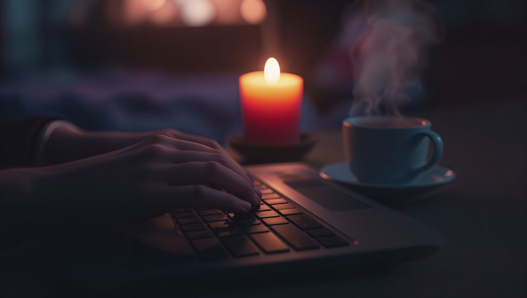 Cozy Evening Work Setup with Laptop and Candle Glow