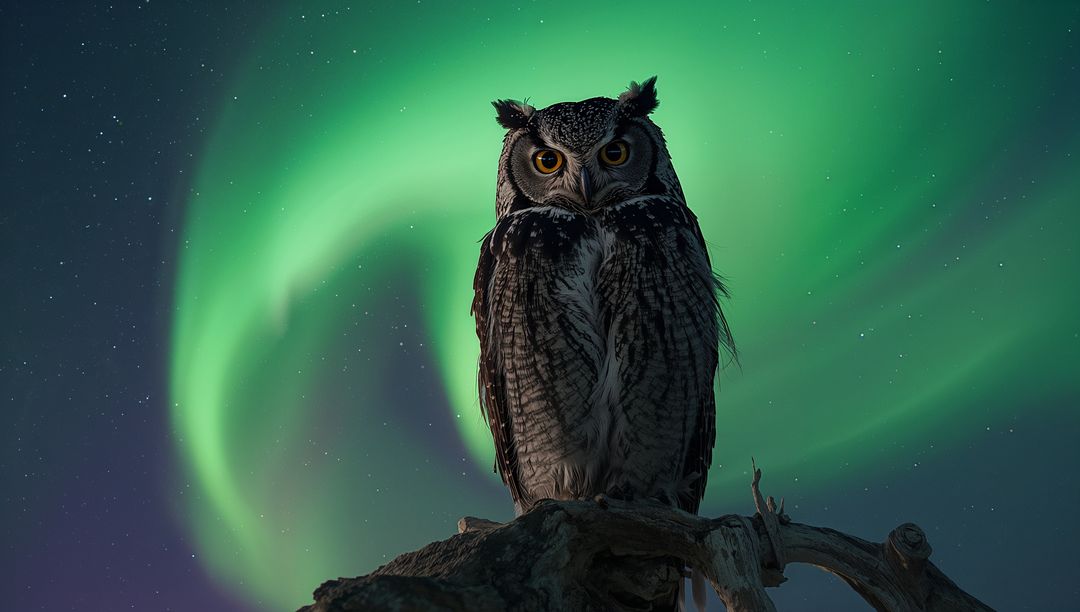 Perching horned owl beneath vivid aurora borealis, amber eyes glowing on gnarled branch