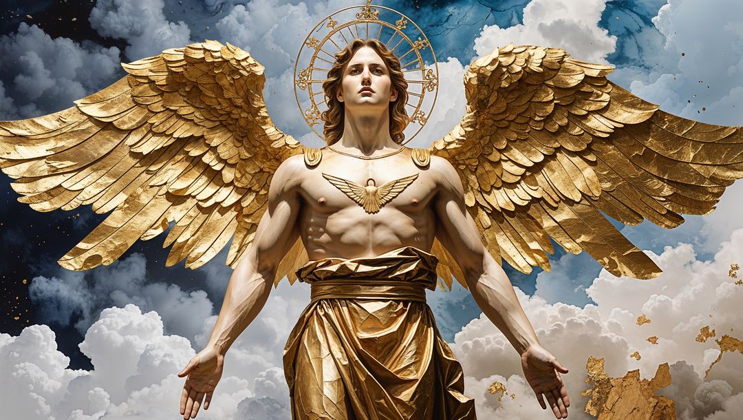 Majestic Golden Angel with Glowing Halo Amid Clouds