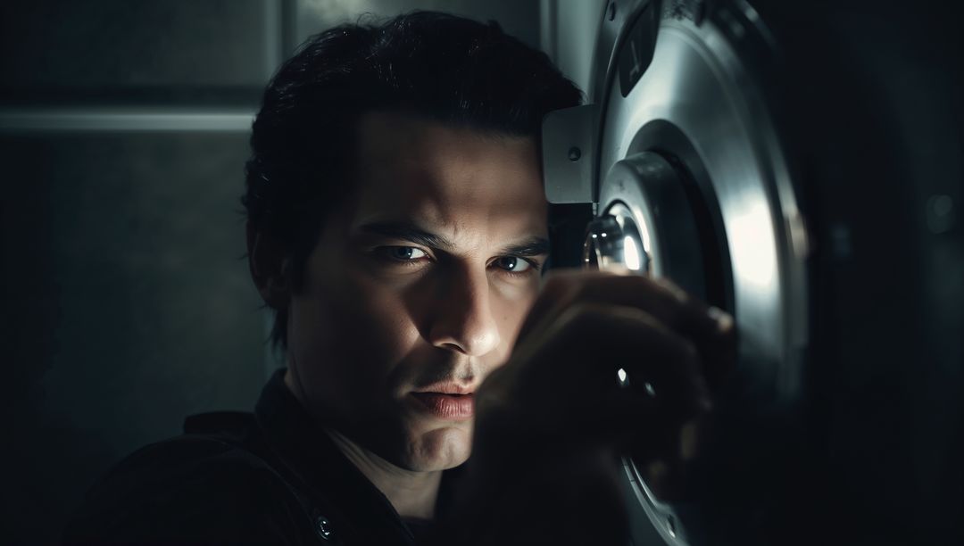 Focused technician inspecting high-security vault dial under dramatic lighting