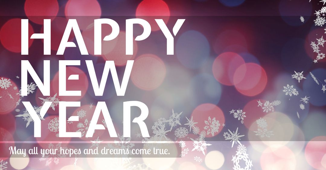 Festive New Year Greeting with Bokeh Lights and Snowflakes